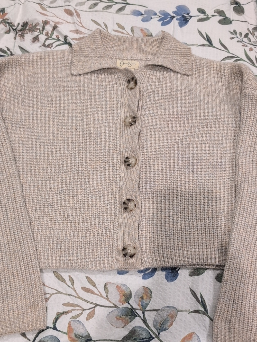 Jessica Simpson Beige Ribbed Button-Front Cardigan Sweater